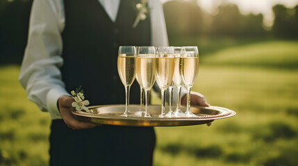 Waiter at a party, carrying a tray with champagne or wine glasses. Outdoor wedding.