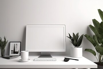 Poster - Modern desktop computer mockup on a white wooden table with a cup, a houseplant, and a blank, white screen. Generative AI