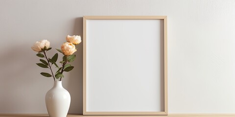 Mockup of a blank frame poster with a flower in a container. Generative AI