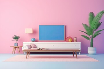 Wall Mural - A huge flat-screen television is depicted on a white coffee table against a blue-pink background. a space for leisure at home Generative AI