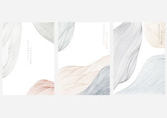 Japanese background with hand drawn line wave pattern vector. Abstract art template with geometric pattern. Mountain forest layout design in vintage style.	
