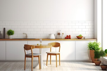 Poster - A retro kitchen layout features a modest table against a white wall, minimal chairs, a notebook, and herbs and veggies. Kitchen design with a minimalistic feel in the countryside. Generative AI