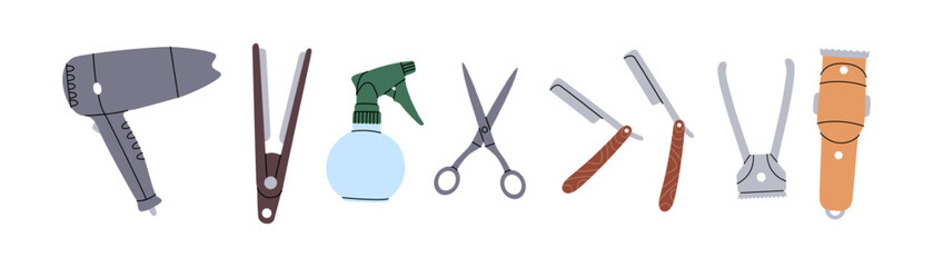 Wall Mural - Barber shop set. Barber shop and hairdresser tools silhouette. Hair straightener, dryer, spray bottle, scissors, sharp razor blade, hair clipper.