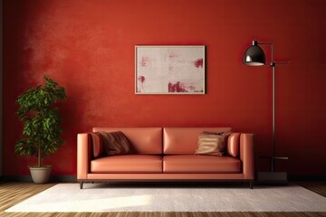 Canvas Print - In the inside of a living room with a brown leather couch, carpet, floor lamp, and coffee table on hardwood flooring, there are two blank vertical posters on a red concrete wall. Generative AI