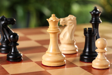 Wall Mural - Different chess pieces on game board against blurred background, closeup