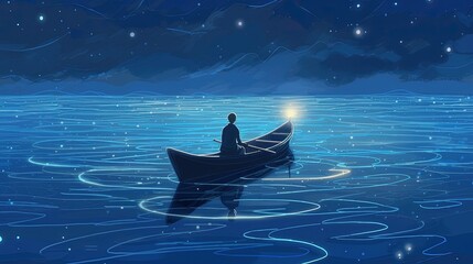 Wall Mural - boy rowing a boat in the sea of the starry night. Fantasy concept , Illustration painting. Generative Ai