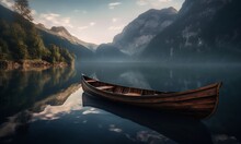 The Canoe Is Anchored In A Lake Near The Mountains
