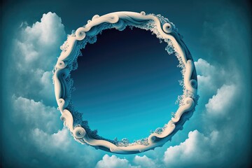 Wall Mural - Frame made with covered white cloud in the sky in circle shape. Concept of luxurious fantasy window. Finest generative AI.