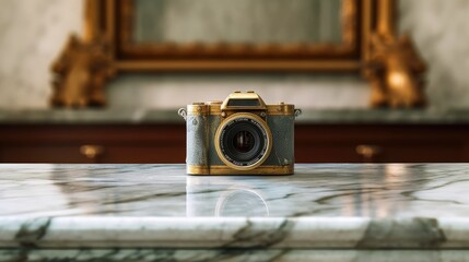 Poster - a camera is on a marble table with a blank wooden board. Generative AI