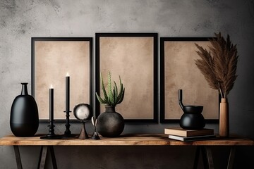 Wall Mural - Over a creatively styled interior table with various accessories, front view, two empty black frames are hung vertically on the wall. Generative AI