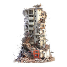 Destroyed Skyscraper After Earthquake Isolated On Transparent Background - Generative AI Collapsed Building With Debris