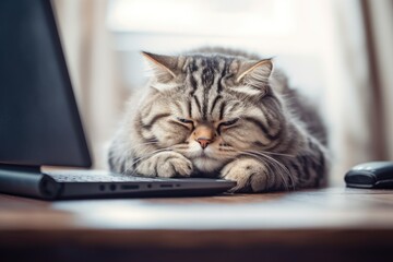 Canvas Print - a cute cat is curled up next to a laptop on a white table. Generative AI