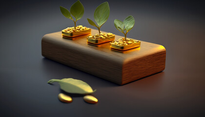 Wall Mural - From Little Seeds to Big Business: Young Plants Growing on a Golden Background - ai generated Generative AI