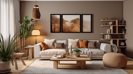 Wall Mural - A nice apartment's living room is stylishly decorated with a brown wooden sofa, a coffee table, a gray bookshelf, a pillow, and fine accents. idea in beige and japanese. staging a home Generative AI