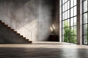 Poster - Interior with empty concrete wall and staircase. Side view, mockup Generative AI