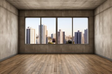 Sticker - Front view of a room made of concrete with a wooden floor, windows that look out onto a dark city, a white seat, and an empty wall. a mockup Generative AI