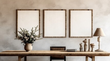 Wall Mural - On a beige wall above a decorated wooden table, empty frames are hung. Draft for a design Generative AI