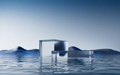 Poster - Transparent glass stage with water background, 3d rendering.