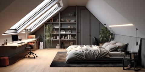 Sticker - Gray attic bedroom including a home office, wooden flooring, a white bed, a closet, and a wall-mounted poster. a mockup Generative AI