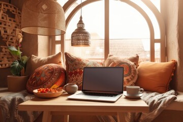 Canvas Print - Blank laptop screen on a table with bohemian accents. Interior design template in a minimalistic boho style with mockup copy space. Generative AI