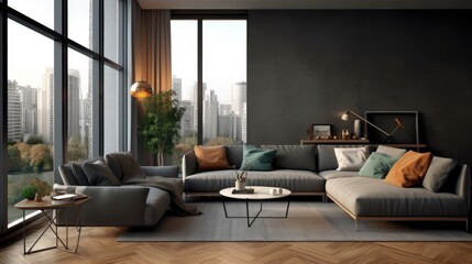 Wall Mural - Large windows, a wooden floor, and a gray sofa and armchair can be found in the corner of a black and gray living room. a mockup Generative AI