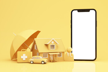 Wall Mural - Home insurance concept, cartoon home, car, life, family and medical care. 3D rendering under an umbrella insurance details on the phone screen safety protection. 3d render on yellow background.