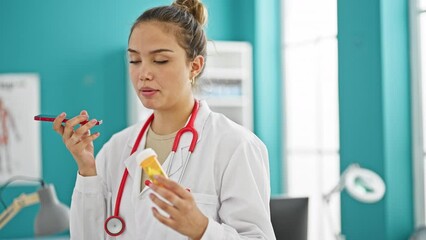 Canvas Print - Young beautiful hispanic woman doctor sending voice message holding pills bottle at clinic