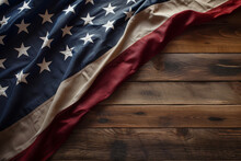 Elevated Elegance: The Elevated View Unveils The Beauty Of The USA American Flag On A Wooden Surface, Creating A Backdrop With Ample Copy Space. Generative AI