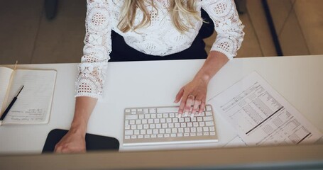 Top view, keyboard or woman typing, hands or planning with internet search, website information or working late. Closeup, female person and consultant with technology, online and writing for review
