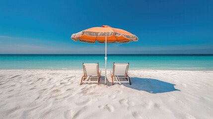 Beach chairs and an umbrella on sand beach, AI generated.