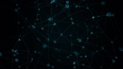 Wall Mural - motion graphic of blue digital money icons linked on grid mesh and line connection rotation on futur