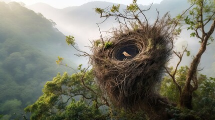 Wall Mural - Image of a beautiful bird's nest perched high in a tree. This serene scene captures the peace and natural beauty of bird life. Generative AI