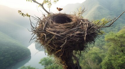 Wall Mural - Image of a beautiful bird's nest perched high in a tree. This serene scene captures the peace and natural beauty of bird life. Generative AI