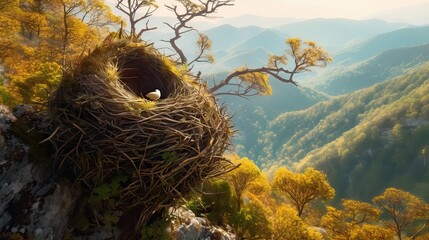 Wall Mural - Image of a beautiful bird's nest perched high in a tree. This serene scene captures the peace and natural beauty of bird life. Generative AI