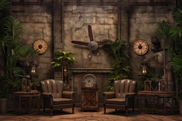 Poster - unclean abandoned post-apocalyptic classic room background with plants, Generative AI