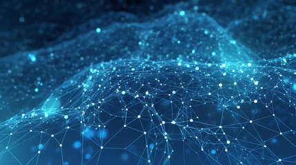 Blue abstract background with a network grid and particles connected, dot and triangle connection. generative ai