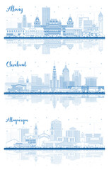 Outline Cleveland Ohio, Albuquerque New Mexico and Albany New York City Skyline Set.