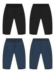 Basic Sweat pant technical fashion flat sketch template front and back views. Apparel Fleece Cotton jogger pants vector illustration Black and navy blue Color mock up for kids and boys. 