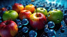 AI Generated 3d Illustration Of Apples In Digital Light With Bokeh Effect Background.