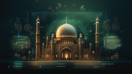 Wall Mural - Illustration of mosque with glowing lights on a twilight background. 3d AI generated image