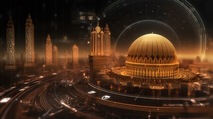 Wall Mural - Illustration of mosque with glowing lights on a twilight background. 3d AI generated image