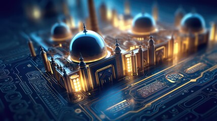 Wall Mural - Illustration of mosque with glowing lights on a twilight background. 3d AI generated image