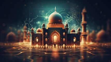 Wall Mural - Illustration of mosque with glowing lights on a twilight background. 3d AI generated image