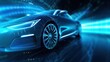 © Aris Suwanmalee - AI generated 3d image of a futuristic holographic wireframe car model with a digital color background.