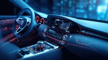 AI Generating Picture Of A Futuristic Modern Electric Car Speedometer Dashboard Interior View With A Holographic Wireframe Digital Technology Background.