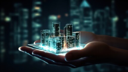 Businessman holding a commercial building cityscape hologram model on a futuristic HUD interface. AI generated 3d image
