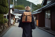 rear view of Japanese Buddhist traveling in Shikoku