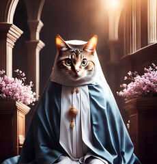 little cat dress as a nun at the church, generative art by A.I.