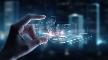 Hand pointing at digital virtual reality modern commercial building hologram on a futuristic HUD background. AI generated 3D image