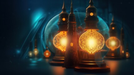 Wall Mural - Arabic lantern on blurred background. Ramadan Kareem concept. AI generated 3d image